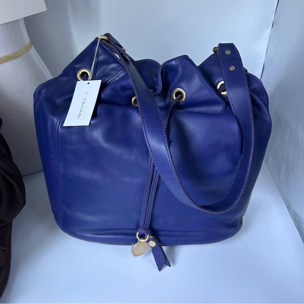 T Tahari Royal Blue Leather Drawstring Shoulder Bag